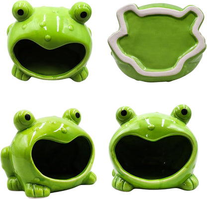 Reptile Tank Accessories – Ceramic Cartoon Frog Hideout with Open-Mouth Entrance, Cute Habitat