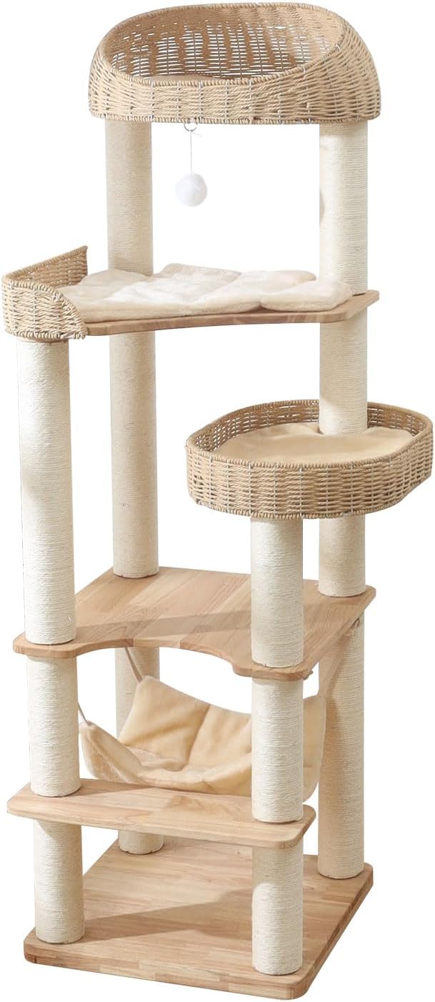 Wooden Cat Tree for Indoor Cats, 62-Inch Tall Cat Tower with Scratching Post for Large Cats, Solid