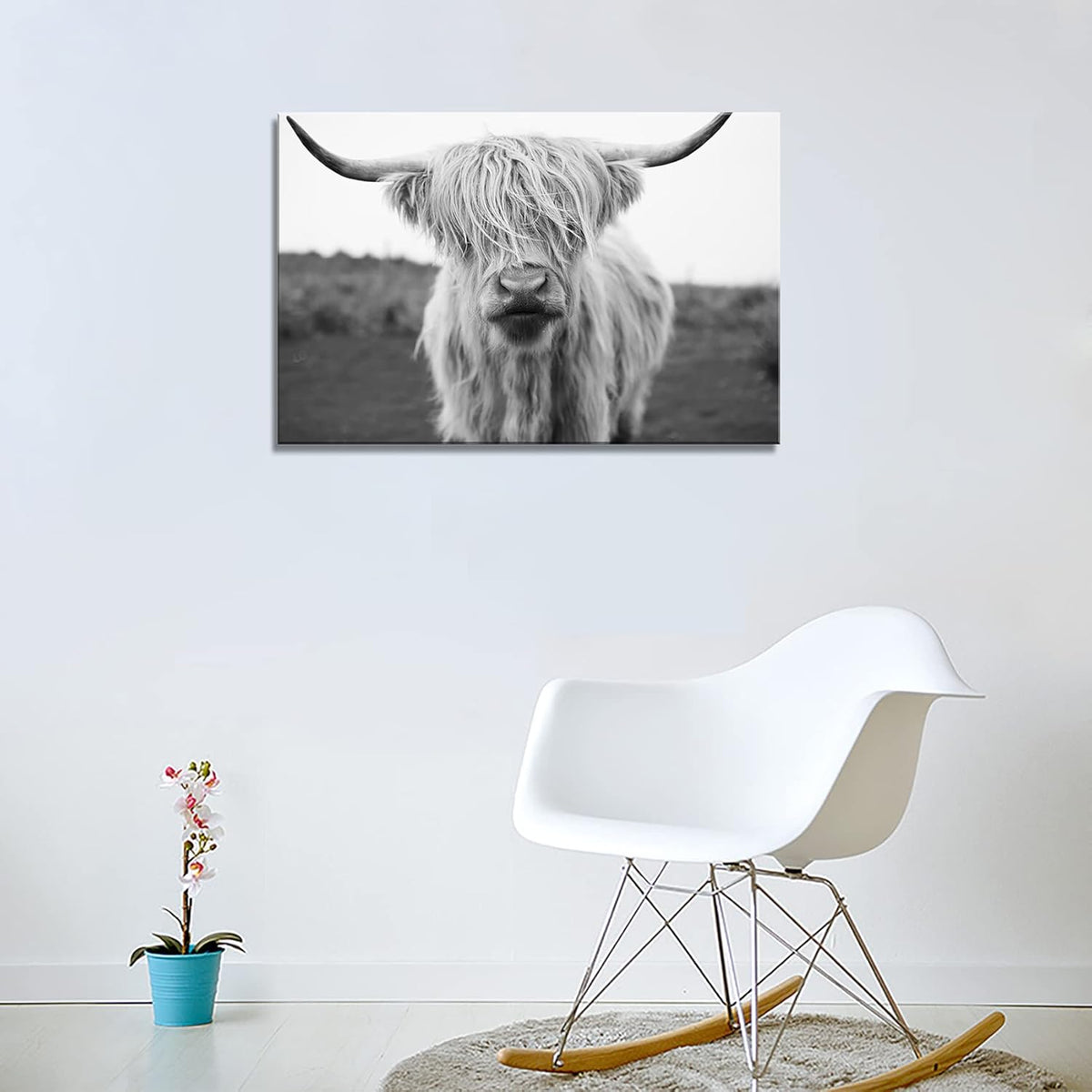 XXMWallArt FC3681 Highland Cow Canvas Art - Black and White Animal Wall Art for Living Room