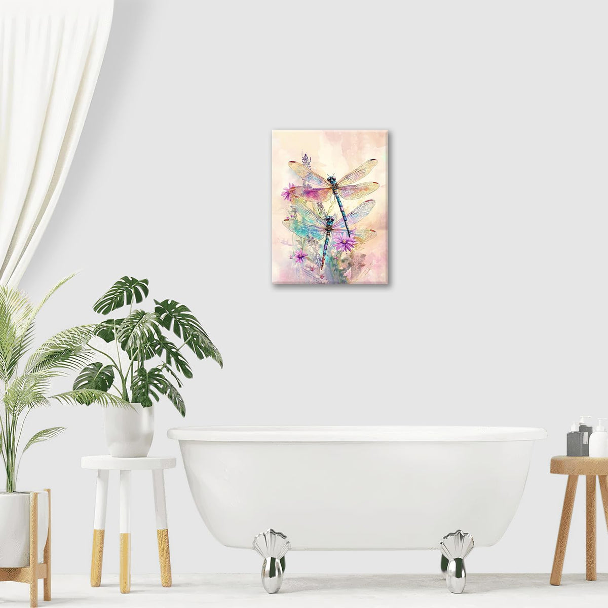 Dragonfly Bathroom Pictures Wall Art, Floral Bathroom Wall Decor, Framed Painting Canvas Artwork
