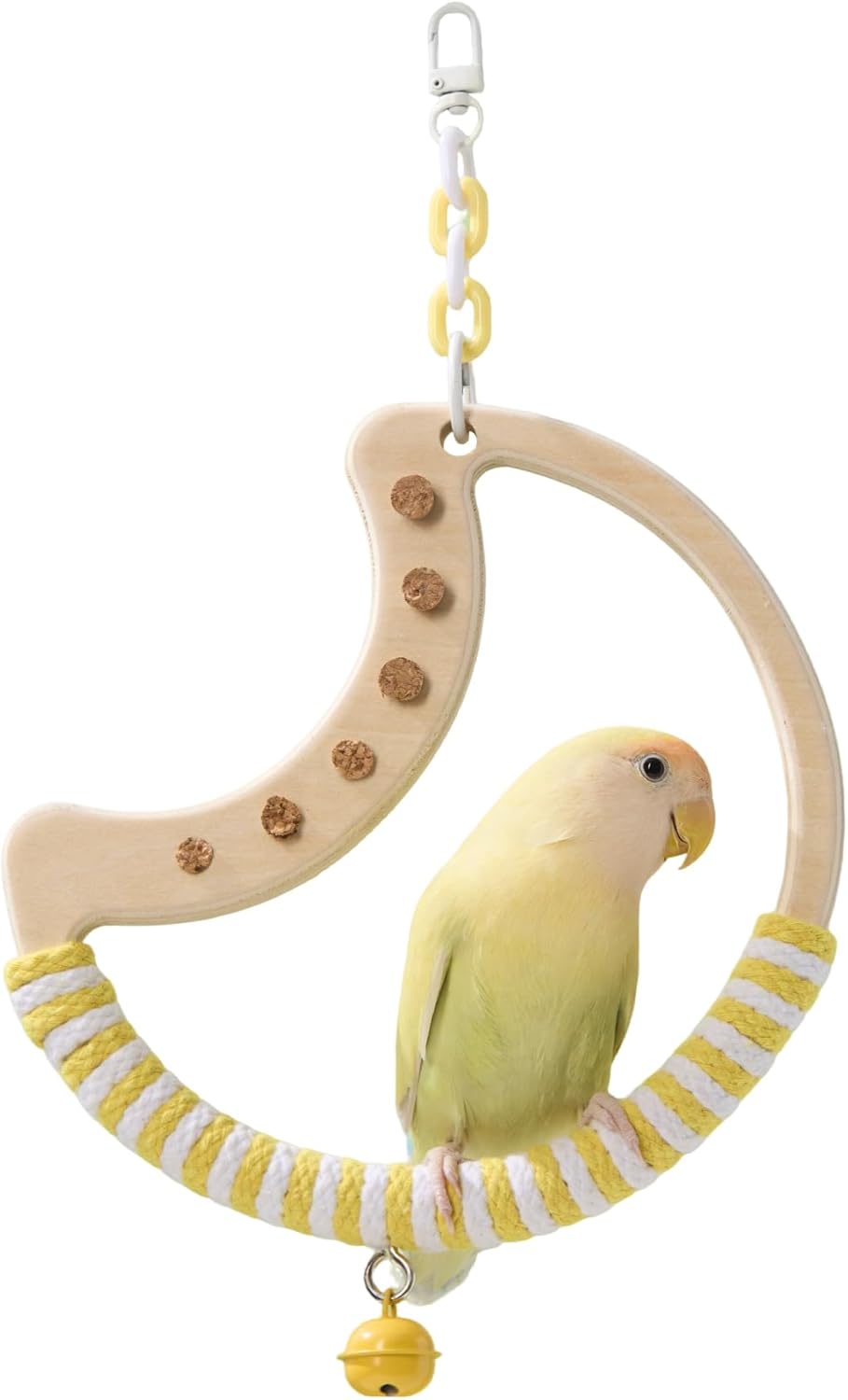 Natural Bird Swing - Moon-Shaped Parrot Perch with Bell and Cork Toys, Spinning Wooden Stand for