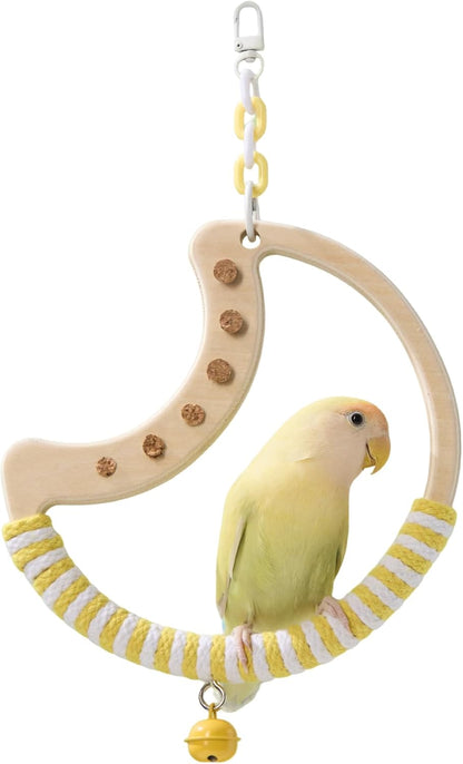 Natural Bird Swing - Moon-Shaped Parrot Perch with Bell and Cork Toys, Spinning Wooden Stand for