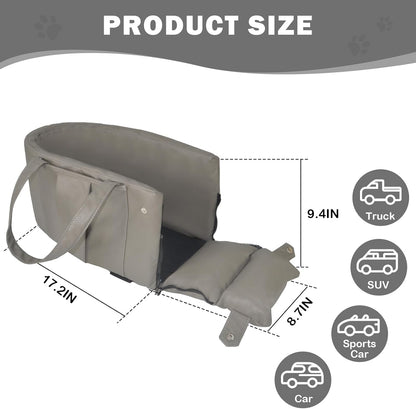 2 and 1 Center Console Dog Car Seat & Carrier for Small Dogs, Large Leather Dog Car Bed with