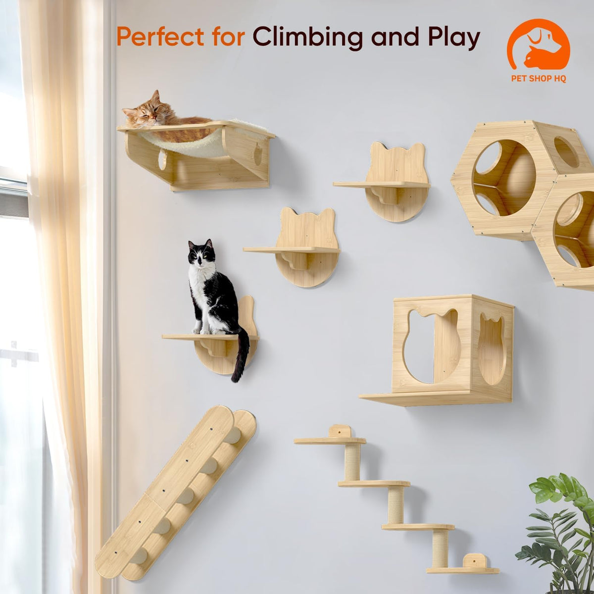 Wall-Mounted Cat Furniture for Climbing - Indoor Wooden Floating Shelves, Perches, Hammock, Bed