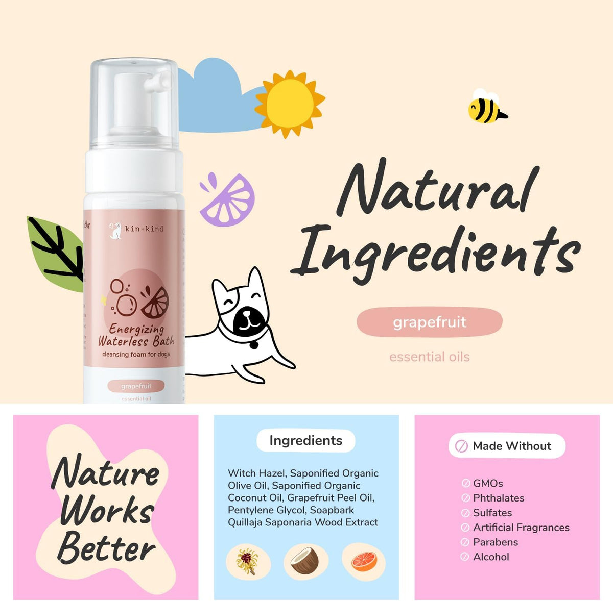 kin+kind Waterless Dry Shampoo for Dogs - Rinse-Free, Eliminate Itch and Odor, Natural Formula with