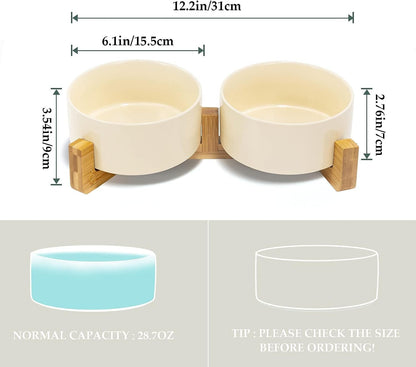 SPUNKYJUNKY Ceramic Dog and Cat Bowl Set with Wooden Stand, Modern Cute Weighted Food Water Set for