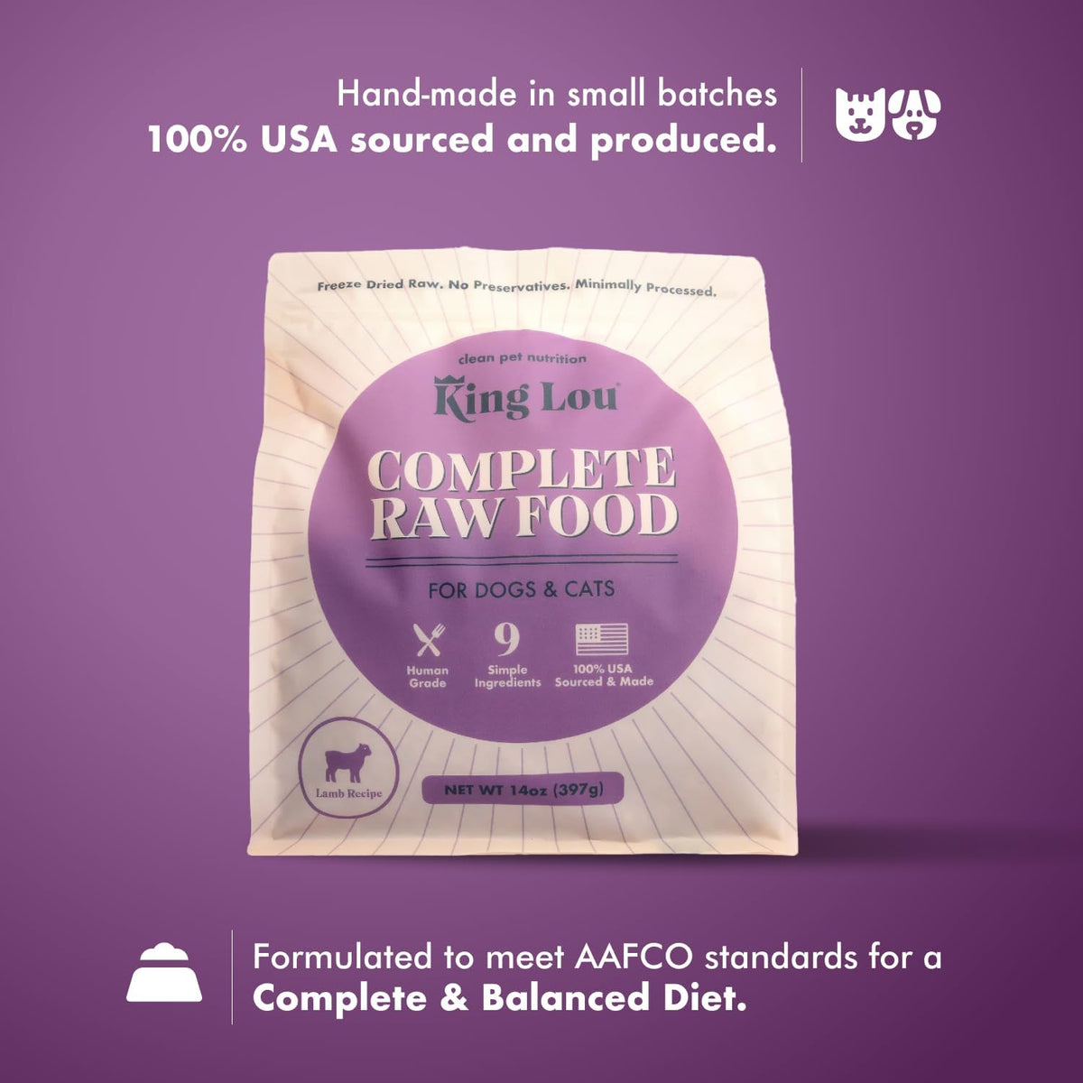 King Lou Pets - Human Grade Raw Food for Dogs and Cats - Complete Meal for Pets - Freeze Dried Lamb