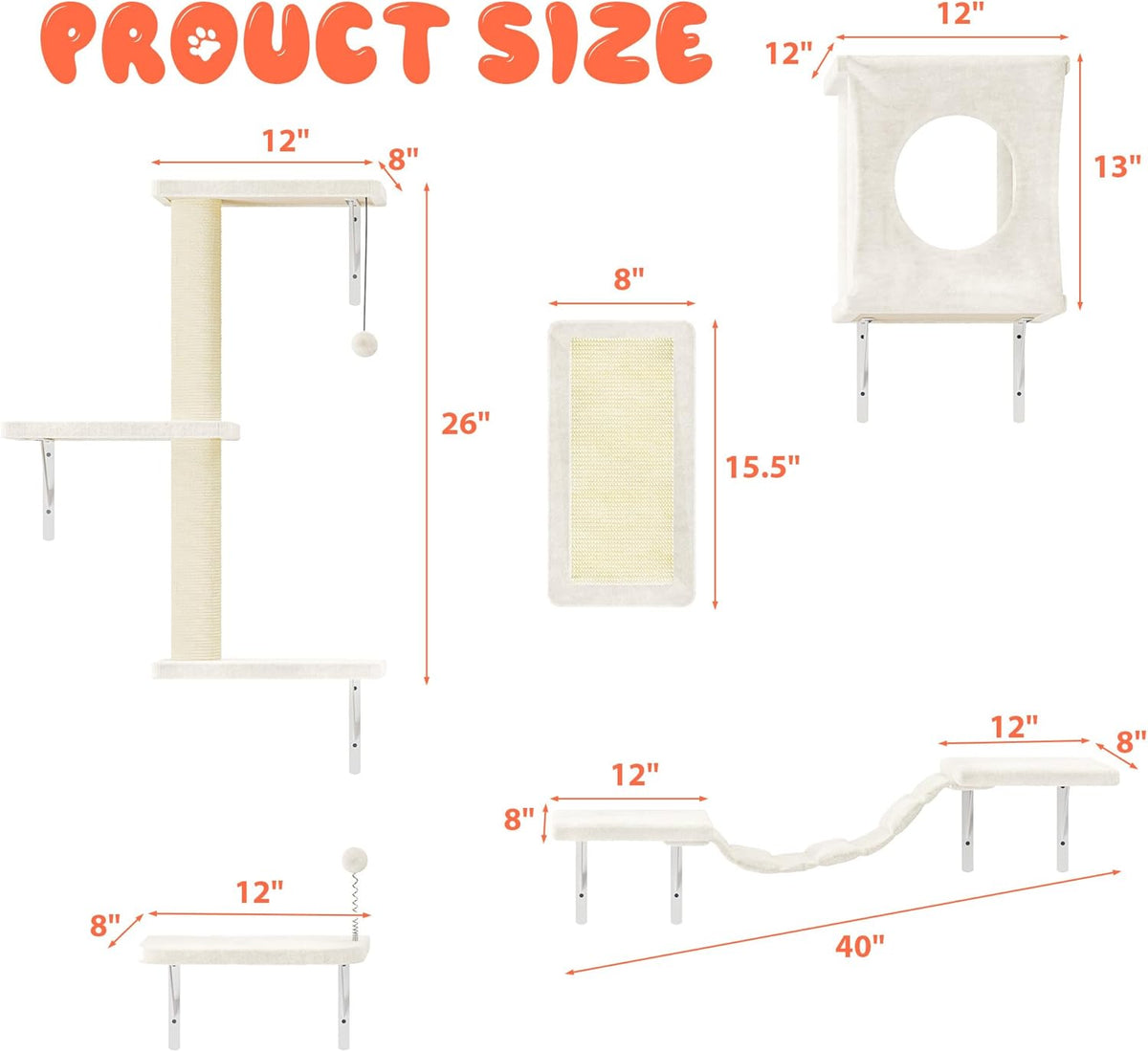 NUNU LAB Wall Mounted Cat Furniture, 5 Pcs Cat Wall Shelves with House, Bridge, Steps, Scratching
