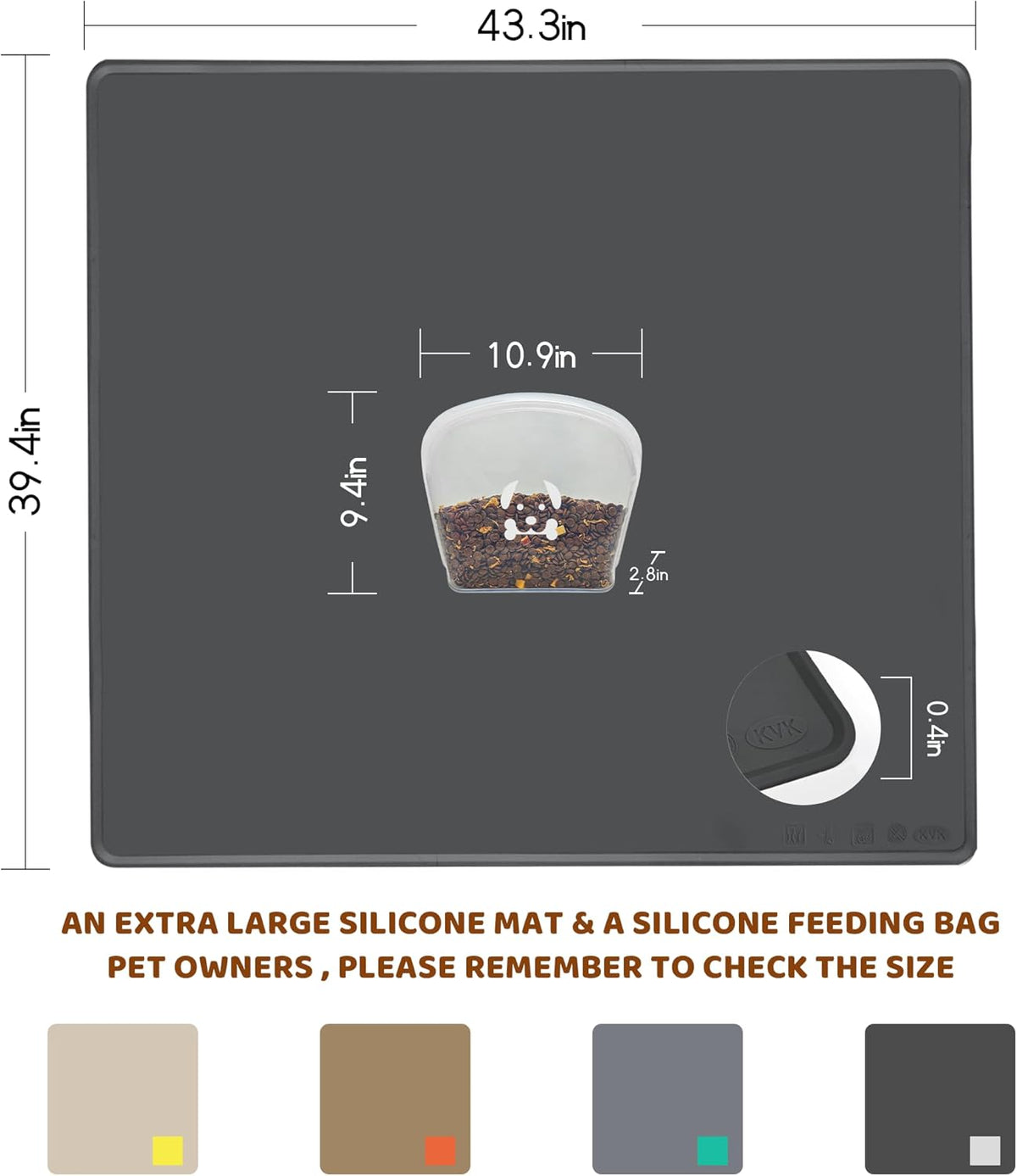 KVK Extra Extra Large Silicone Dog Food Mat 39.4×43.3in and 128oz Silicone Bag Set, Super Size