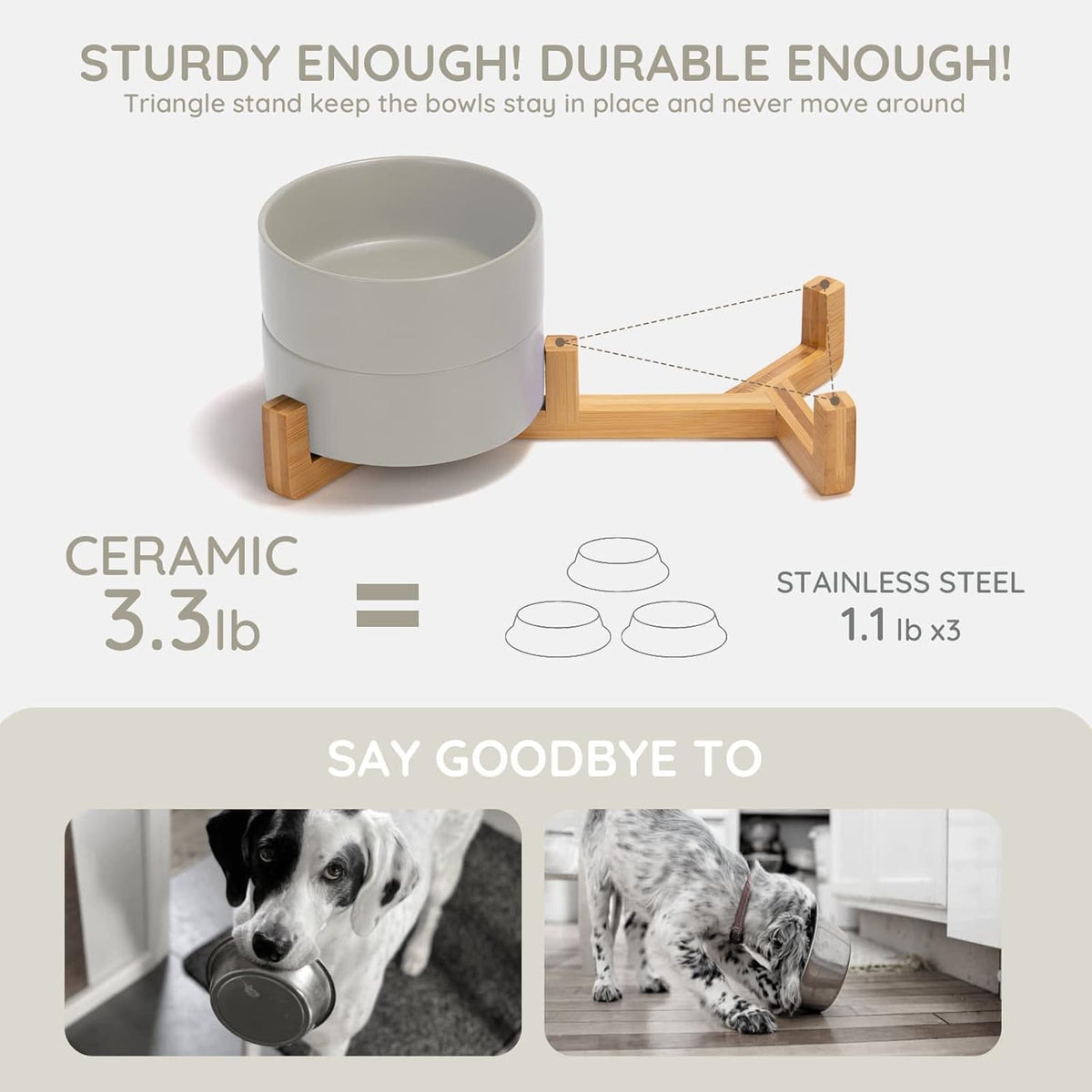 SPUNKYJUNKY Ceramic Dog and Cat Bowl with Wood Stand Non-Slip Matte Glaze Weighted Food Water Set