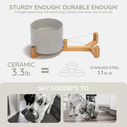SPUNKYJUNKY Ceramic Dog and Cat Bowl with Wood Stand Non-Slip Matte Glaze Weighted Food Water Set