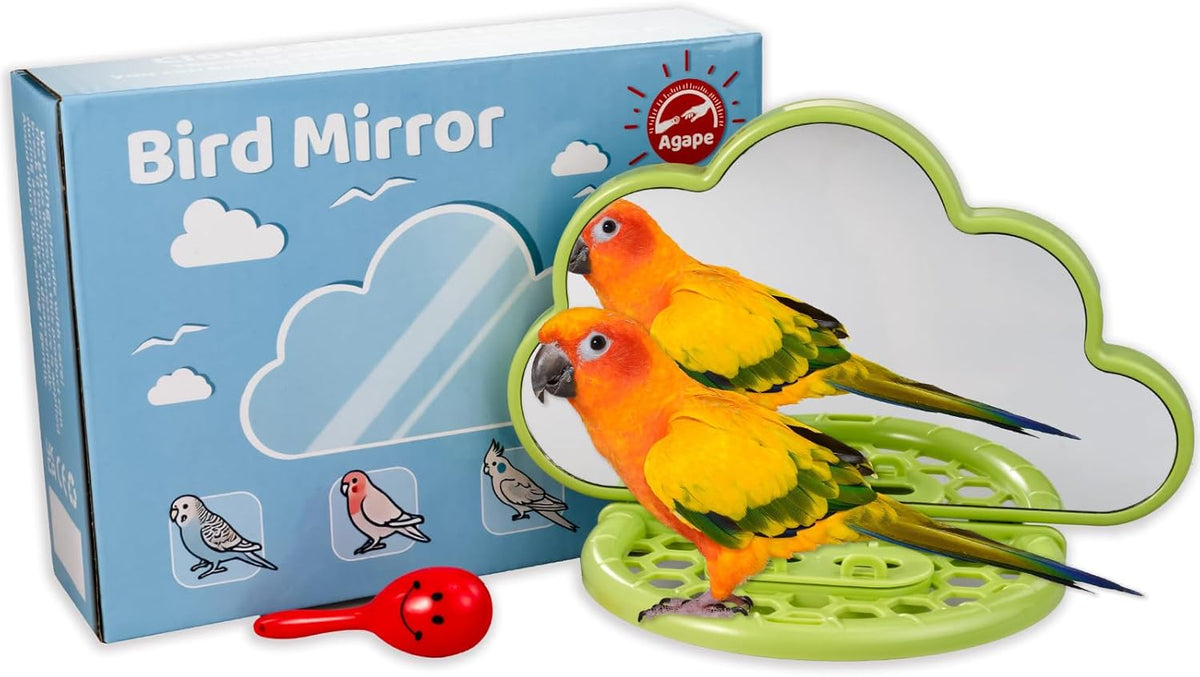 Agape Bird Mirror with Perch&Slow Feeder, Birds Toys for Boredom&Anxiety, Bird Cage Accessories for