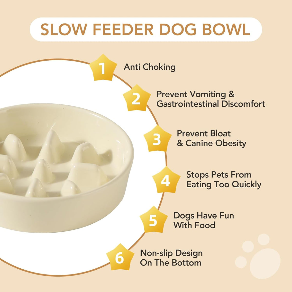 Ceramic Raised Slow Feeder Dog Bowl Set, Elevated 6.1inch Bowl and 7.3inch Slow Pet Food Dish with