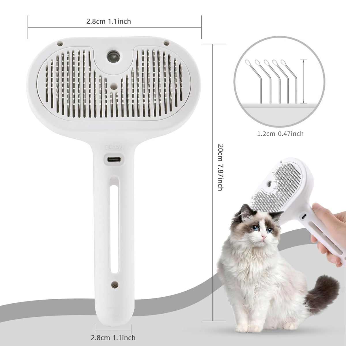 Spray Cat Pet Grooming Brush with Water Sprayer - Hair Removal Comb for Cats and Dogs, White