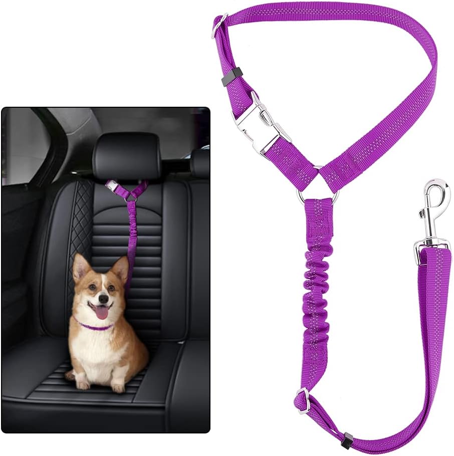 Plutus Pet Dog Seat Belt for Car Headrest, Reflective and Adjustable Restraint with Elastic Bungee
