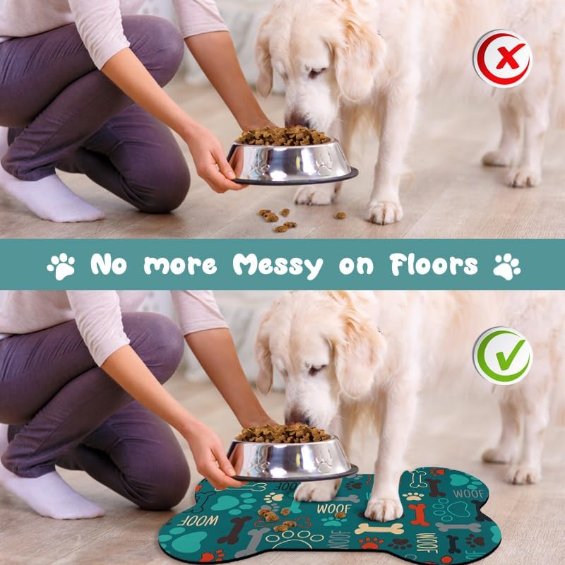 Dog Food Mats for Floors Waterproof, Pet Feeding Absorbent Water Bowl Mat Cat Placemats Green Bone