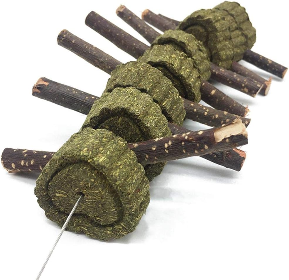 Bunny Chew Toys for Teeth, 2 PCS Organic Apple Wood Molar Sticks with Timothy Hay Circles for Bunny