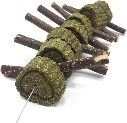 Bunny Chew Toys for Teeth, 2 PCS Organic Apple Wood Molar Sticks with Timothy Hay Circles for Bunny