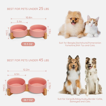 SPUNKYJUNKY Ceramic Dog and Cat Bowl with Wood Stand Non-Slip Matte Glaze Weighted Food Water Set