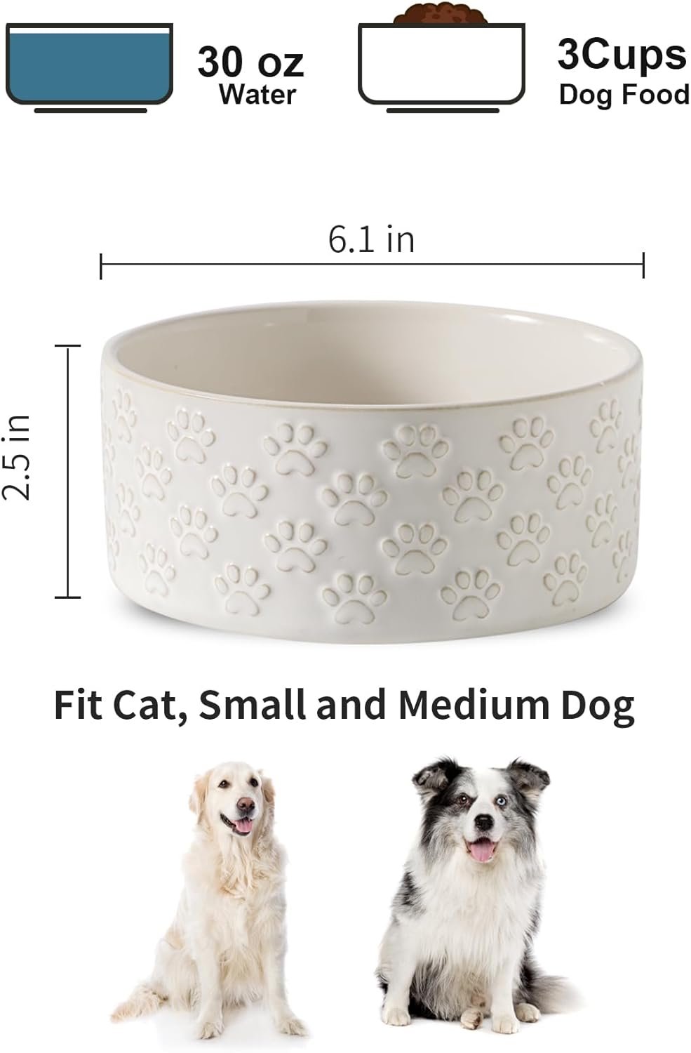 UBEE Ceramic Dog Food Bowl Set of 2, 6.1 inch Dog Dish Bowl with Paw Pattern, Pet Food Water Dish