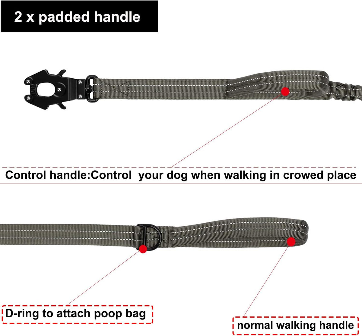 ICEFANG Tactical Dog Leash,K9 Training Walking Bungee Lead with 2 Control Handle,Heavy Duty Quick