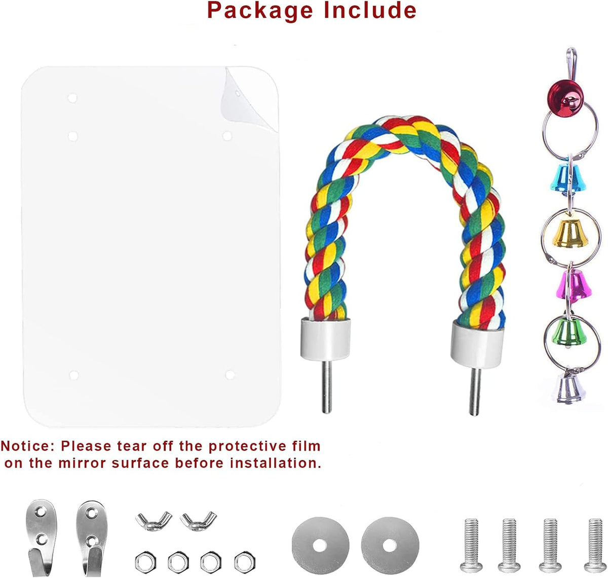 7" Bird Mirror with Rope Perch Bird Toys Swing, Comfy Perch for Greys Amazons Parakeet Cockatiel