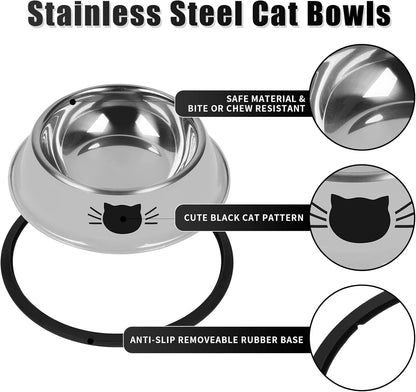 2Pcs Cat Bowls Non-Slip Stainless Steel Small Cat Food Bowl Unbreakable Thick Rubber Base Easily