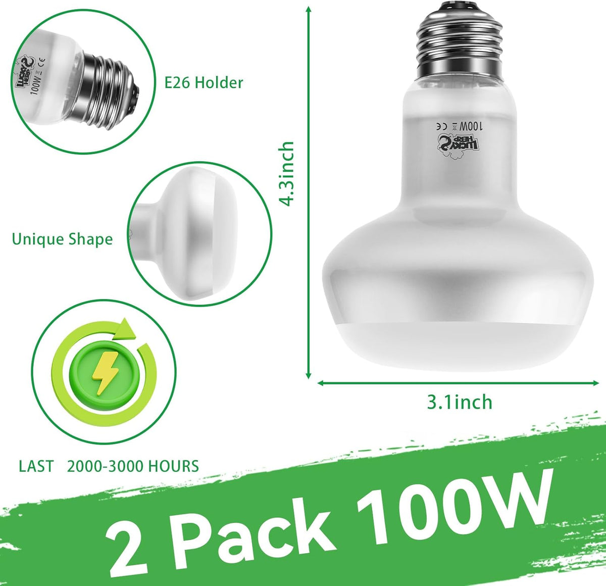 LUCKY HERP Intense Heat Lamp Bulbs for Reptiles 100W 2 Pack, UVA Daylight Reptile Heat Lamp