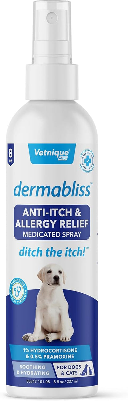 Vetnique Dermabliss Anti Itch Spray for Dogs & Cats with Hydrocortisone for Allergies and Immediate