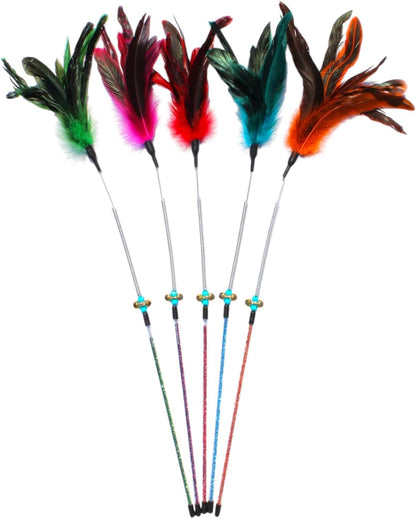 Cat Wand Toy Feather Sticks - 5 Piece Interactive Wands Toy Set with Feathers, Durable Spring