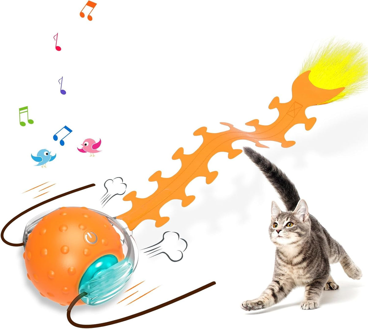 Interactive Cat Toys for Indoor Cats, Fast Rolling Cat Ball with Centipede Tail, Birds Chirping