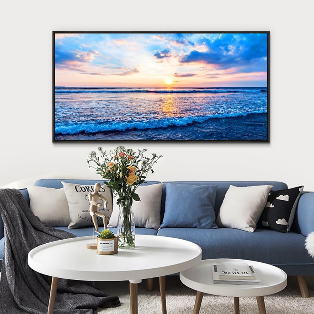Wapluam Bedroom Decor: Blue Beach Sea Waves Landscape Canvas Print, Large Wall Art, Ready To Hang