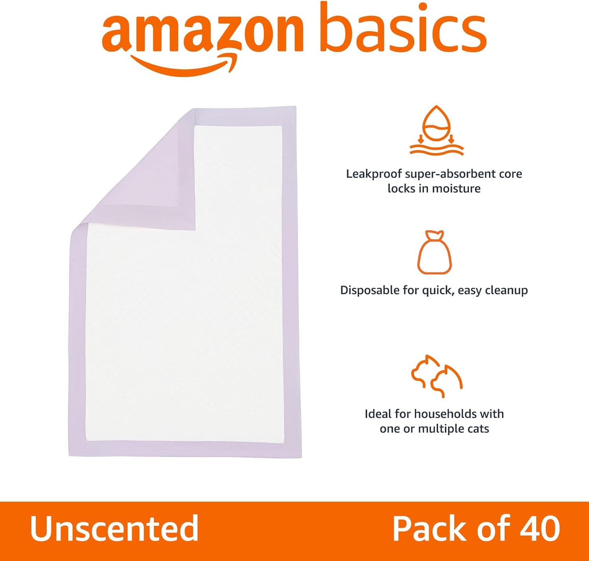 Amazon Basics Cat Litters Pee Pads, 40 Count, Universal Fit for Litter Box, Odor Control