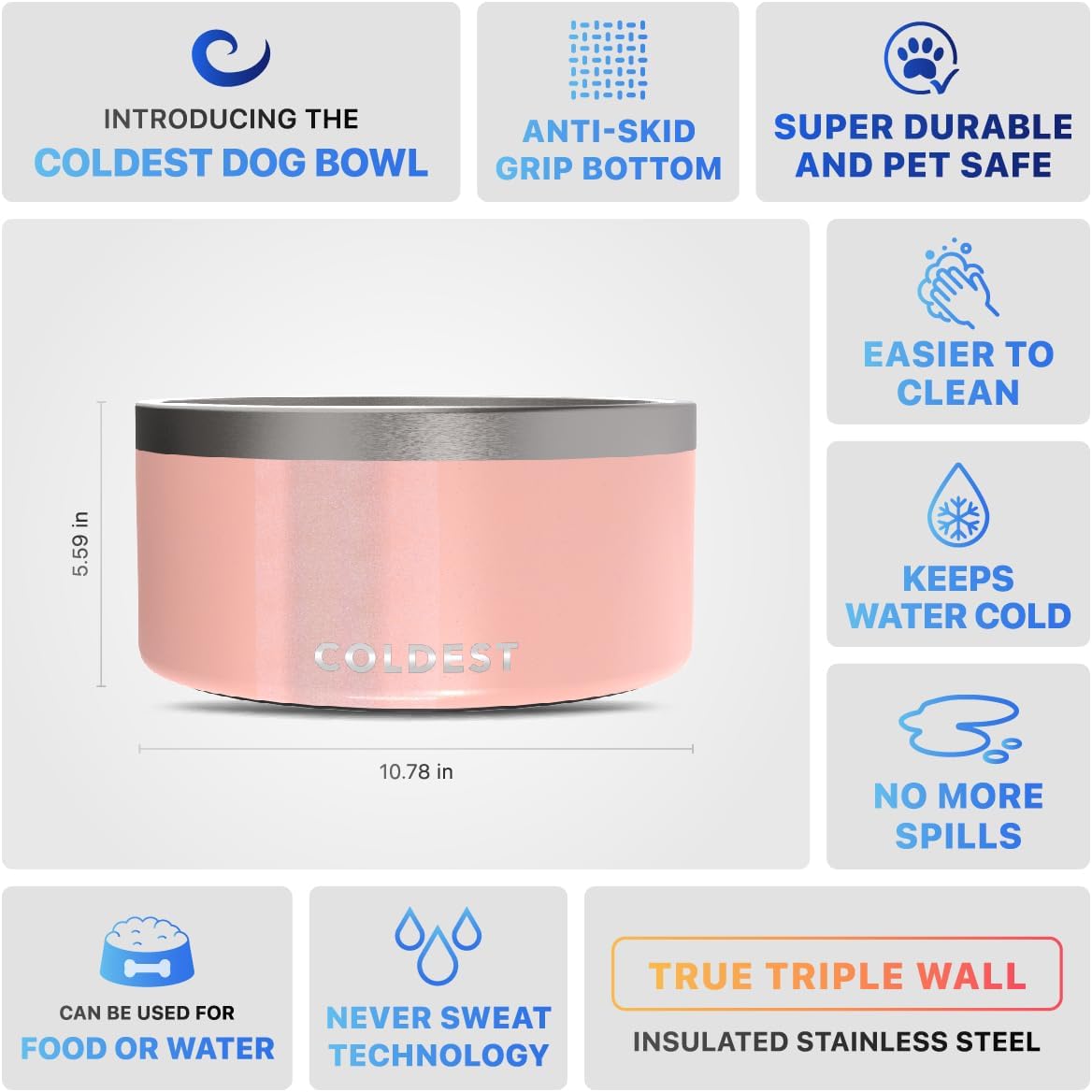 Coldest Dog Bowl - Anti Rust Metal, Non Slip, 3 Layers Insulated Stainless Steel Dog Bowls - Spill