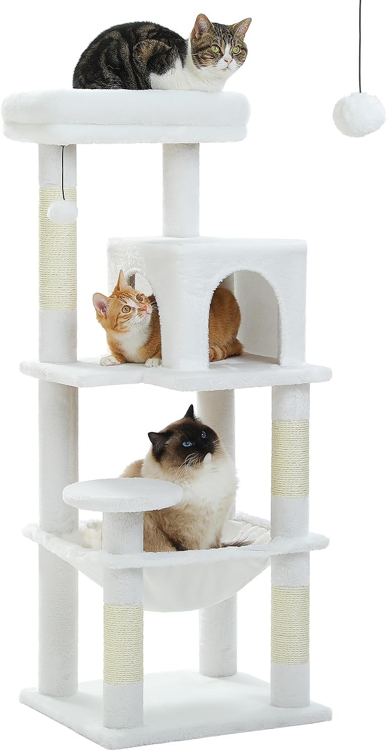 White Cat Tree for Indoor Cats, 45.7" Multi-Level Cat Tower with Large Metal Frame Hammock, Cat