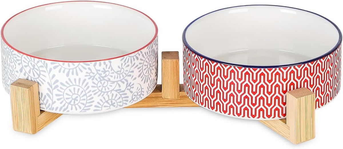Selamica Ceramic 14 oz Dog Bowls - Anti-Slip Pet Dishes Set with Wooden Stand for Cats & Small