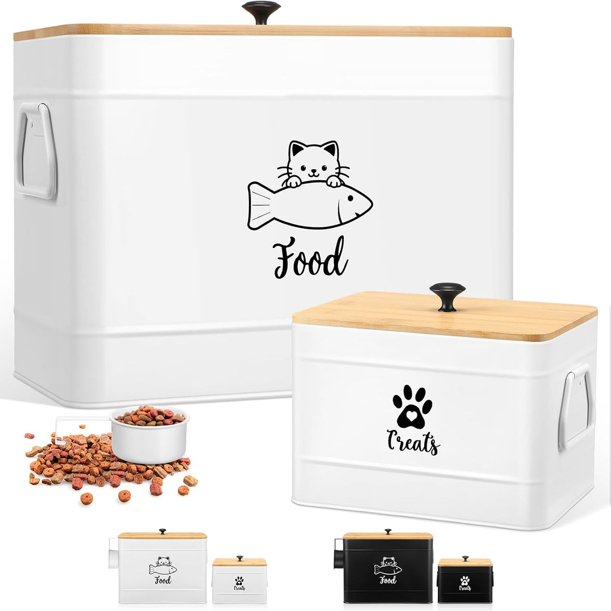 Extra Large Metal Cat Food Containers Airtight 12+3.5 lbs Cat Treat Snack Jars Set of 2 with Bamboo