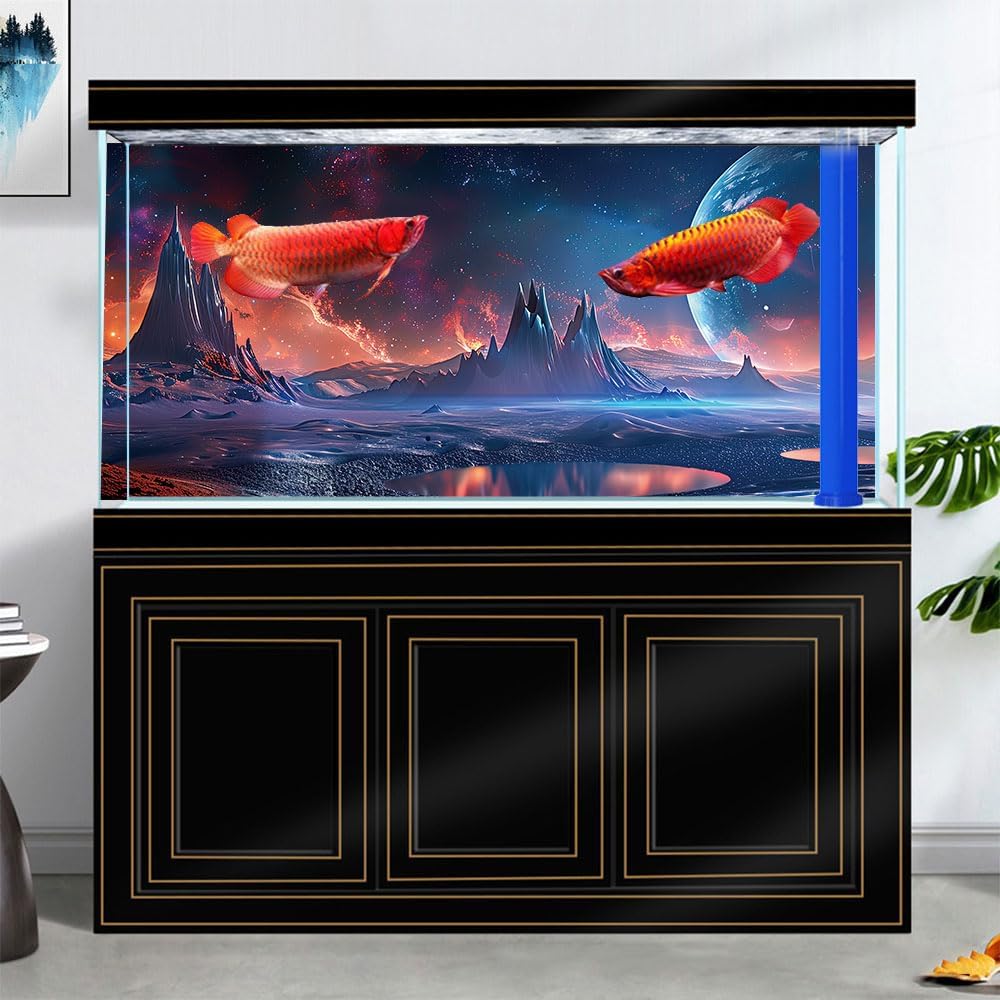 Scarlet Cosmic Aquarium Background,Cool Galaxy Parallel Space Themed Fish Tank Background, Tropical