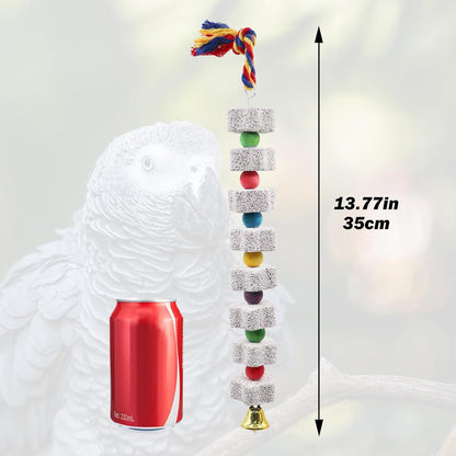 2 Pack Mineral Block Chew Toys with Colorful Beads and a Bell, Bird Beak Grinding Stone, Cage