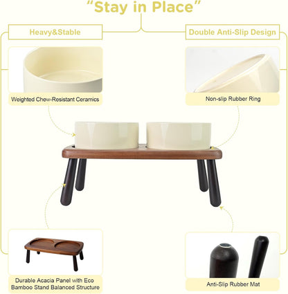 SPUNKYJUNKY Ceramic Elevated Dog Bowls Raised with Acacia Bamboo Wooden Stand, 6.1'' Dog and Cat