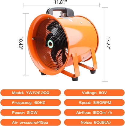8-Inch High-Velocity Portable Utility Blower Fan, Industrial Exhaust Fan with 16.4ft Flexible Duct