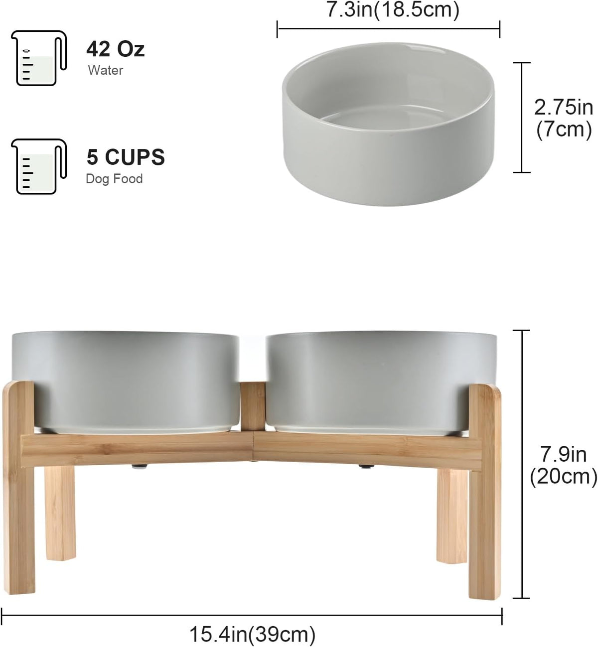 SPUNKYJUNKY Elevated Dog Bowls Ceramic, 7.3'' Dogs Food Water Bowls Raised with Non-Slip Bamboo