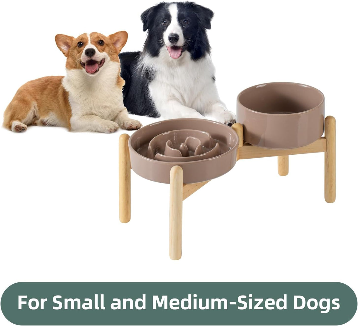 Ceramic Raised Slow Feeder Dog Bowl Set, Elevated 6.1inch Bowl and 7.3inch Puzzle Slow Food Dish