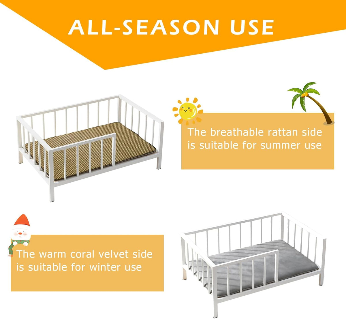 Dog Bed with Rails - Elevated Pet Metal Bed Frame with Solid Wood Board and Washable Soft Mat for