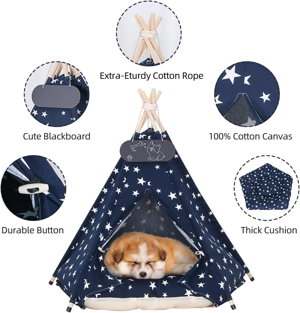 Pet Teepee Tent for Dogs & Cats Dog Bed with Thick Cushion Puppies Play House Removable and
