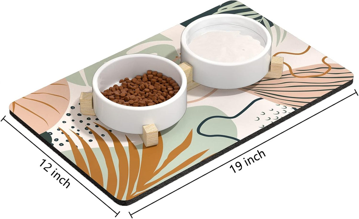 Rnivvi Dog Food Mat, 12" x 19" Boho Absorbent Dog Cat Bowl Mat for Food and Water, Cute Anti-Slip