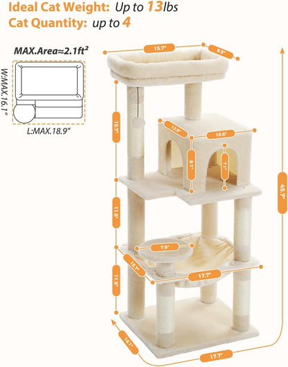 PETEPELA 45.7" Cat Tree for Indoor Cats, 5-Level Cat Tower for Large Cats with Metal Frame Large