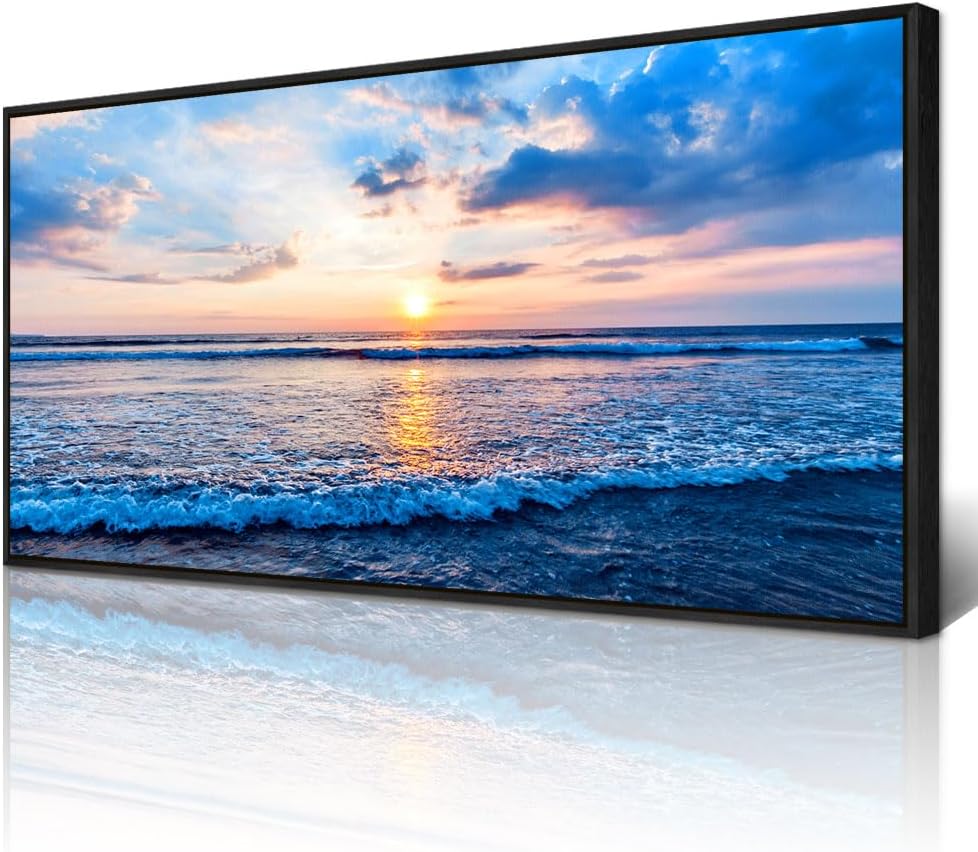 Wapluam Bedroom Decor: Blue Beach Sea Waves Landscape Canvas Print, Large Wall Art, Ready To Hang