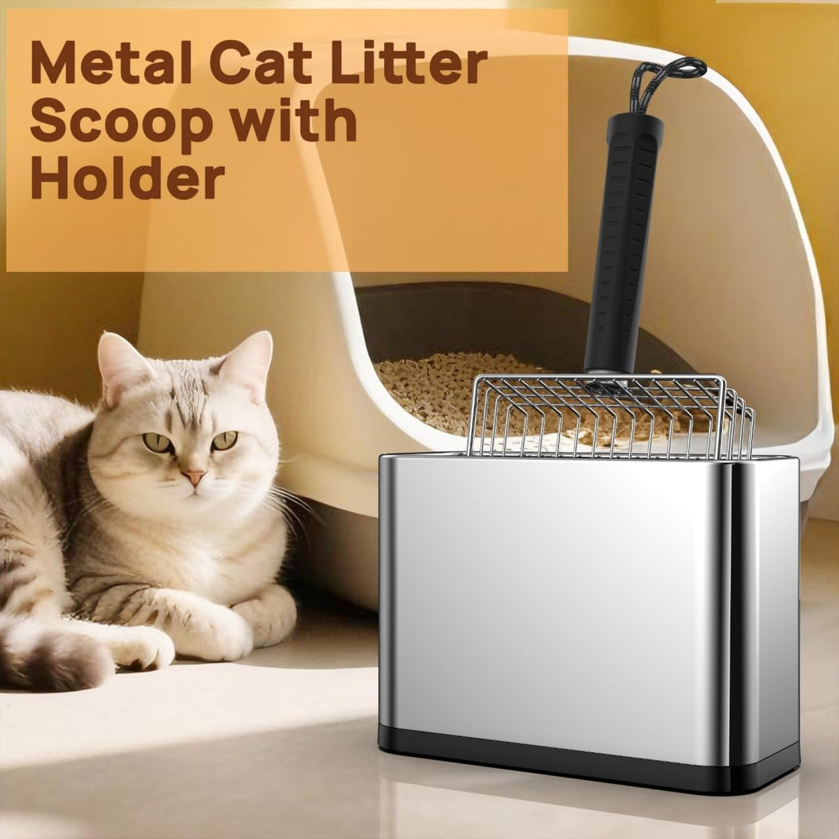 Heavy Duty Stainless Steel Cat Litter Scoop with Holder - Non-Slip Handle, Quick-Sifting Grid &