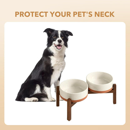 Ceramic 7.3inch Raised Double Dog Bowls Set with Acacia Wood Stand, Food & Water Bowls for Medium